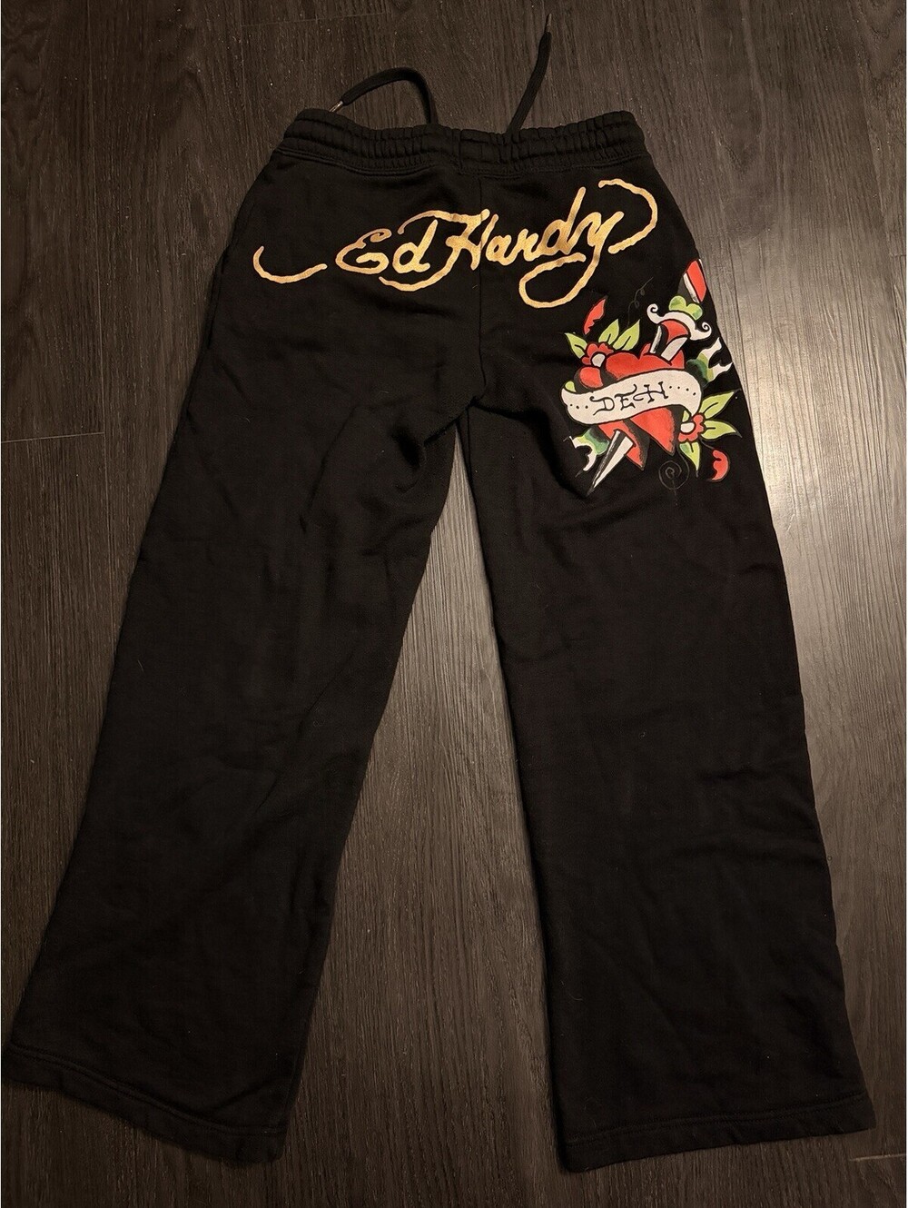 Ed Hardy Black Dagger Heart Wide Leg Y2K Sweatpants Size S